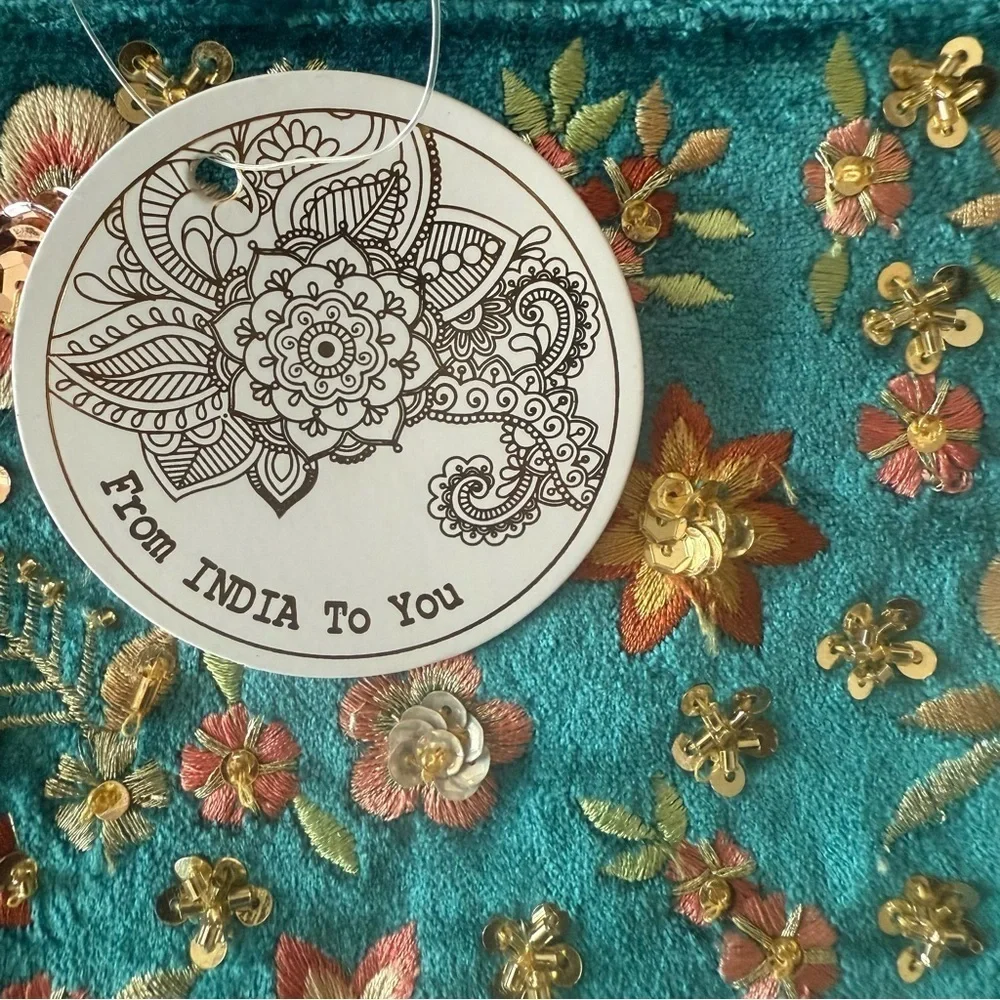 Floral Embroidered Velvet Clutch/Cosmetic Case - Teal and Multicolor